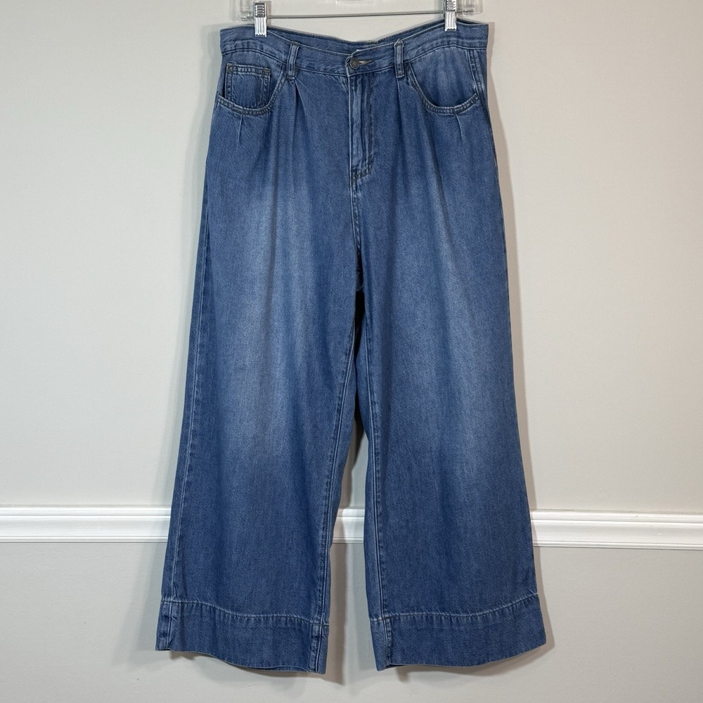 Habitual Jeans Womens 10/30 Blue Wide Leg Pleated High Rise Cropped Coastal Boho
